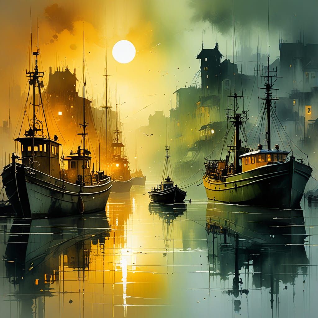 Monochromatic fishing harbour. sun rays, background vintage decor, ochre-olive-green, Wadim Kashin, Willem H...