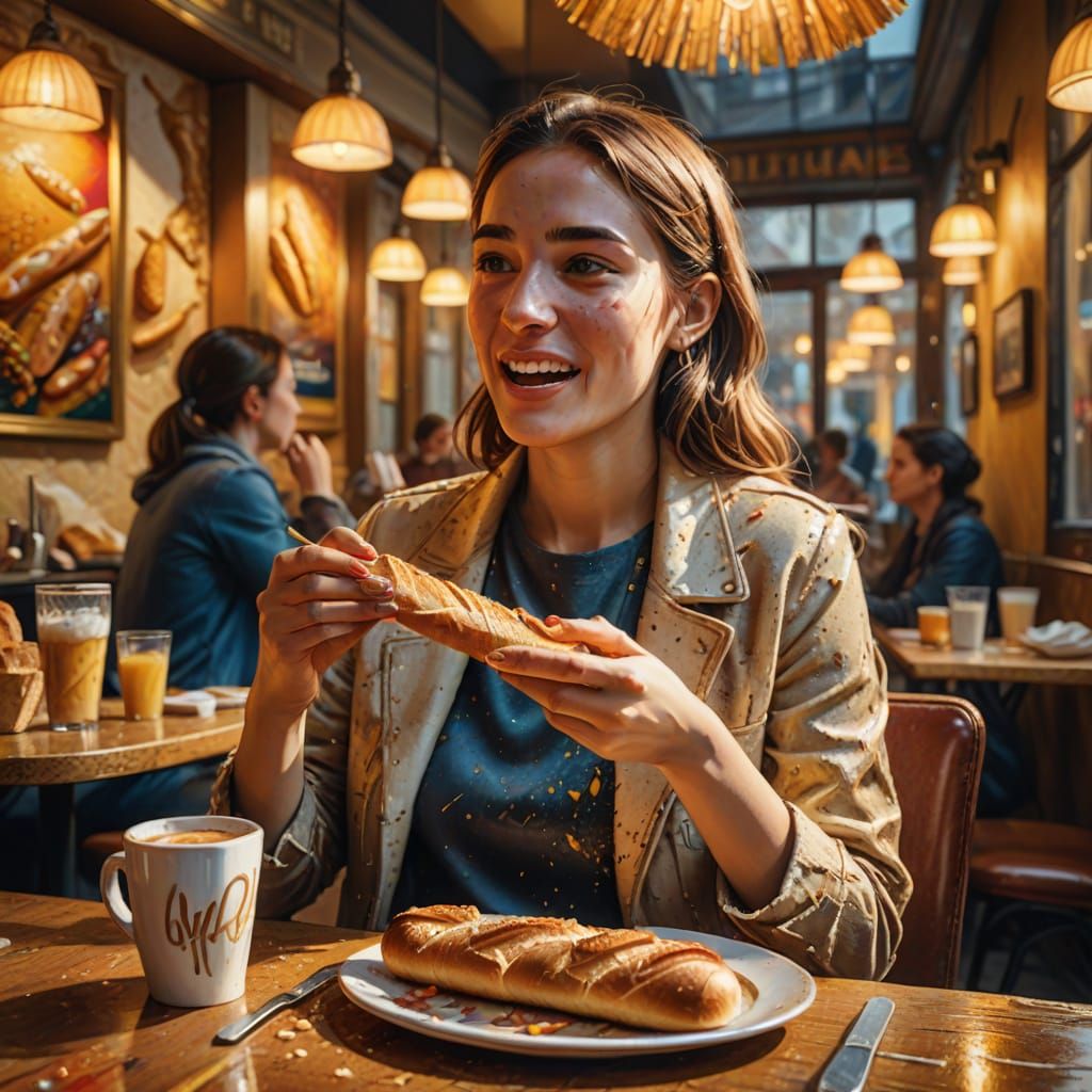 Woman Eating Baguette in Café: Hyperrealistic Concept Art