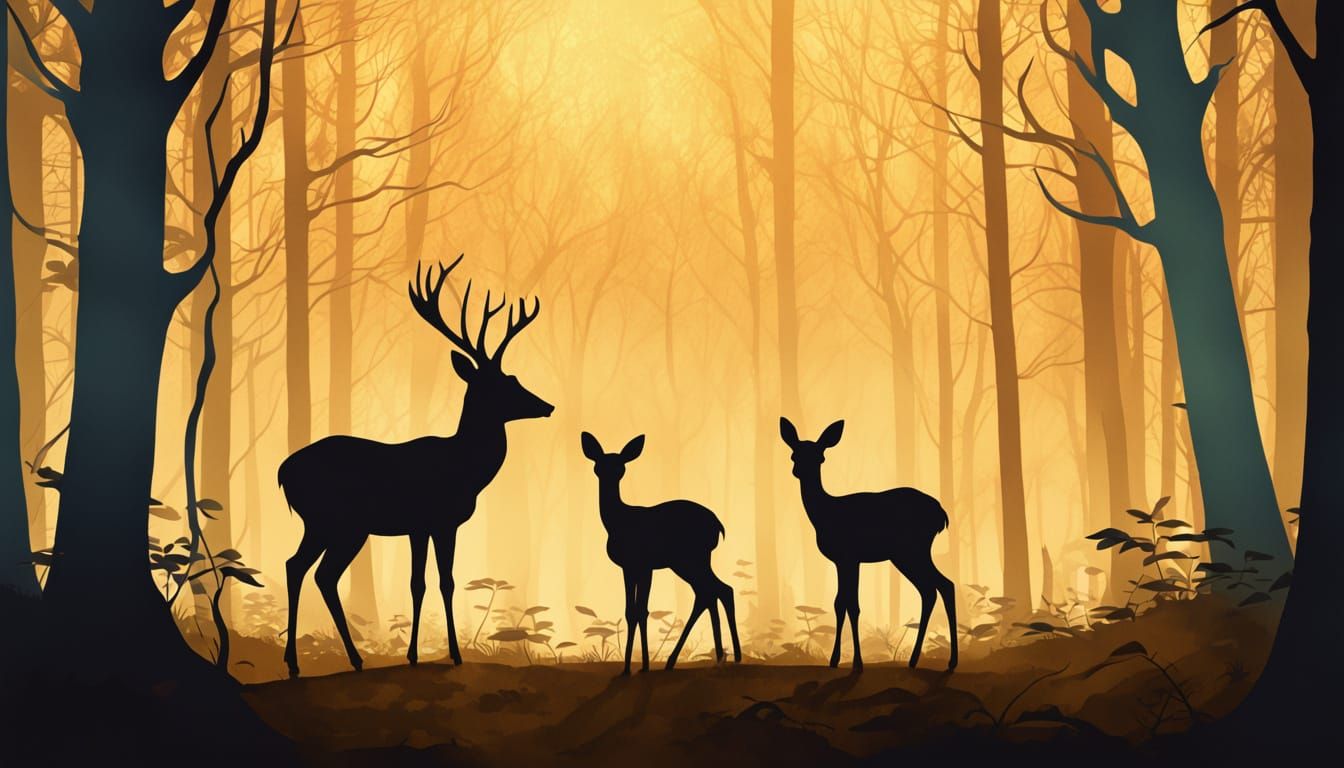 Doe and Fawn Silhouette in Misty Forest