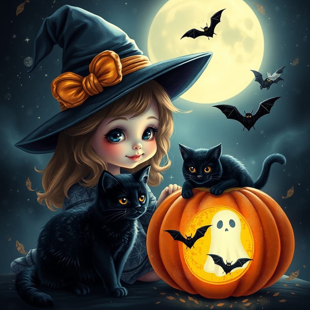 Enchanting Witch and Cat in Surreal Moonlight