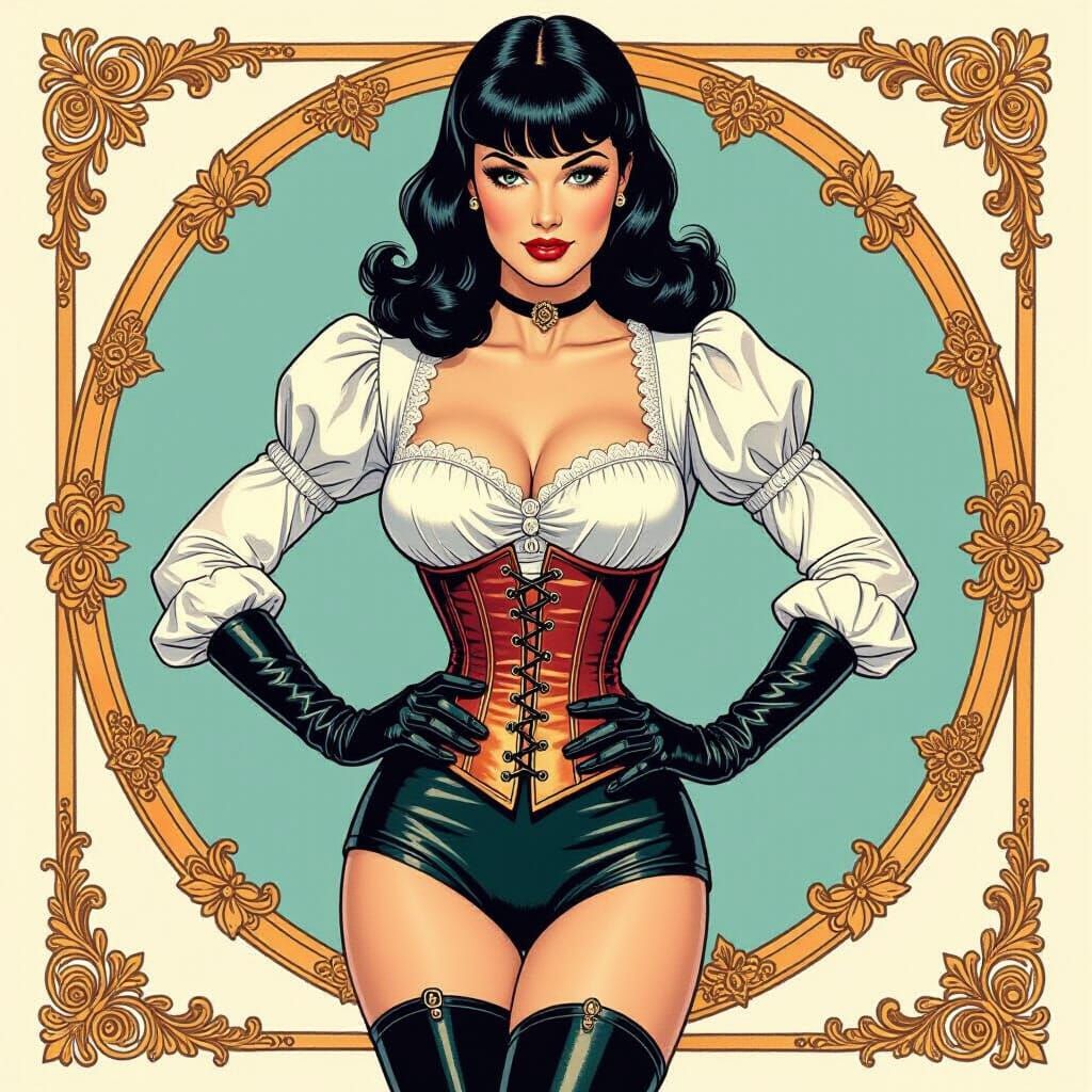 Vintage Pinup Portrait in Watercolor Art Nouveau Style