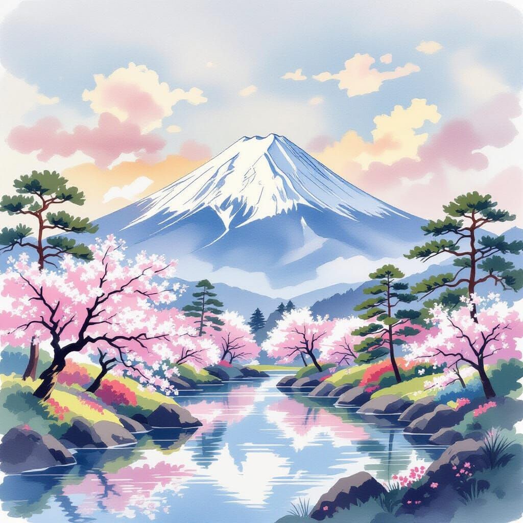 Mount Fuji in Watercolor Japanese Garden Style