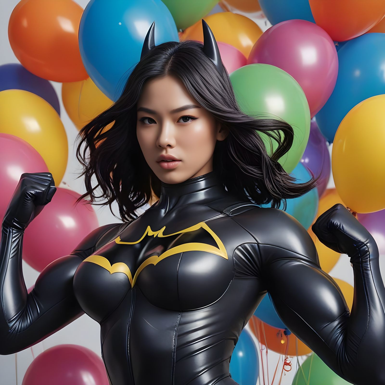 Muscular Bat-Woman Flexing in Balloon Wonderland