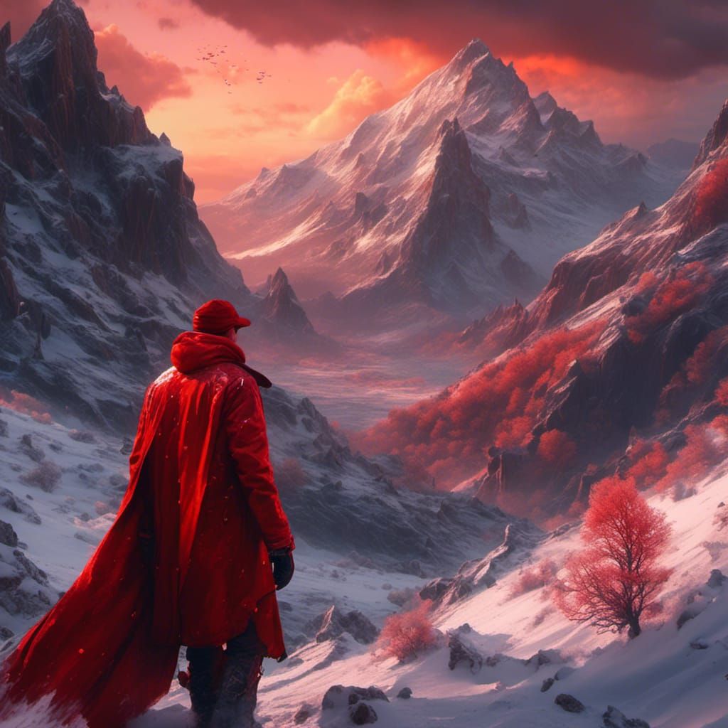 Man in Red Coat Painting Winter Mountain Sunset