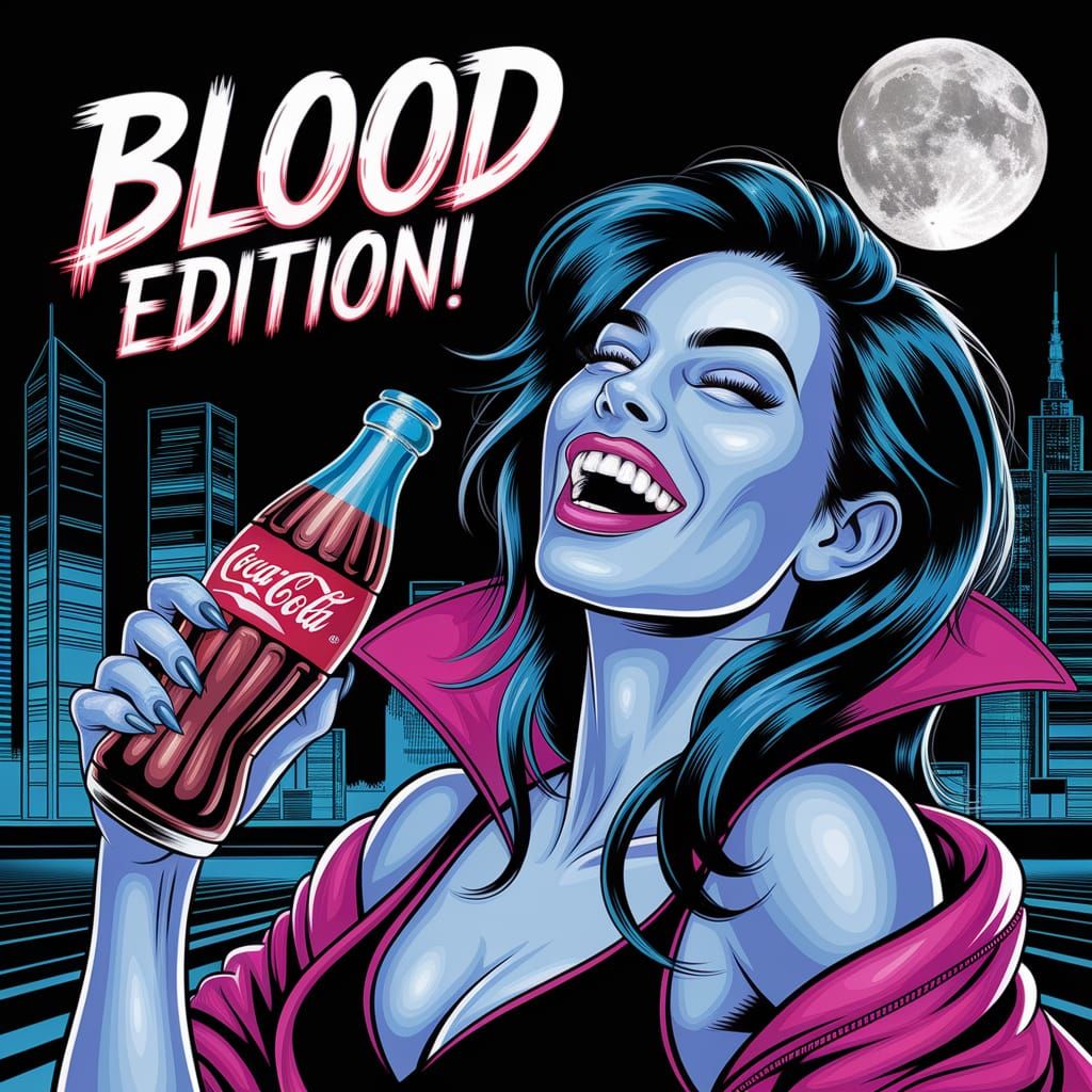Vampire Model Enjoys Coca-Cola in Futuristic Cityscape