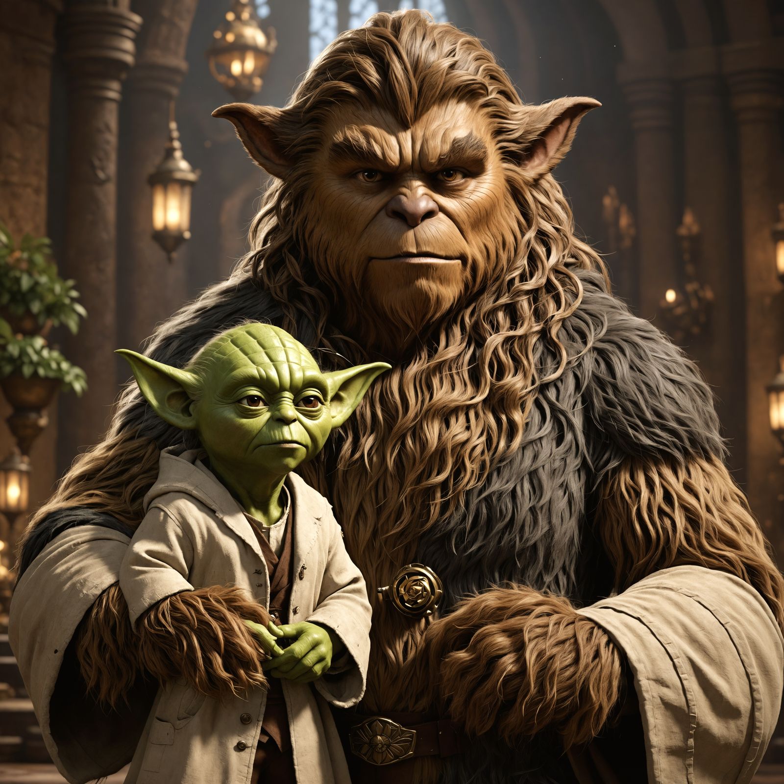 Combine beauty and the beast, a wookie from star Wars, and yoda.