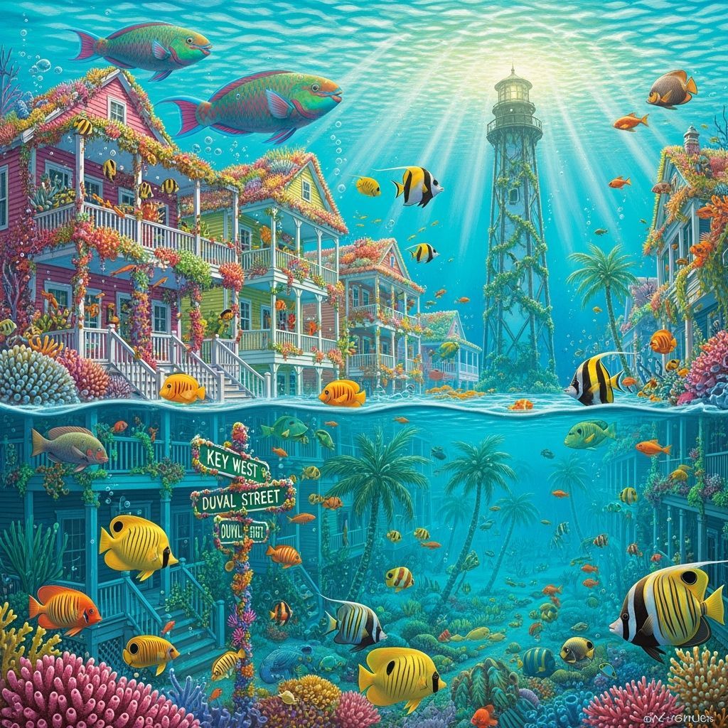 Submerged Key West Cityscape with Tropical Marine Life
