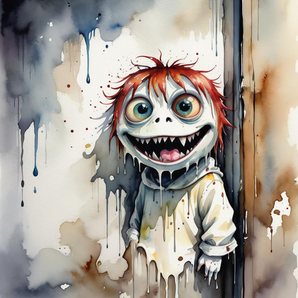 Mischievous One-Eyed Monster in Watercolor Art