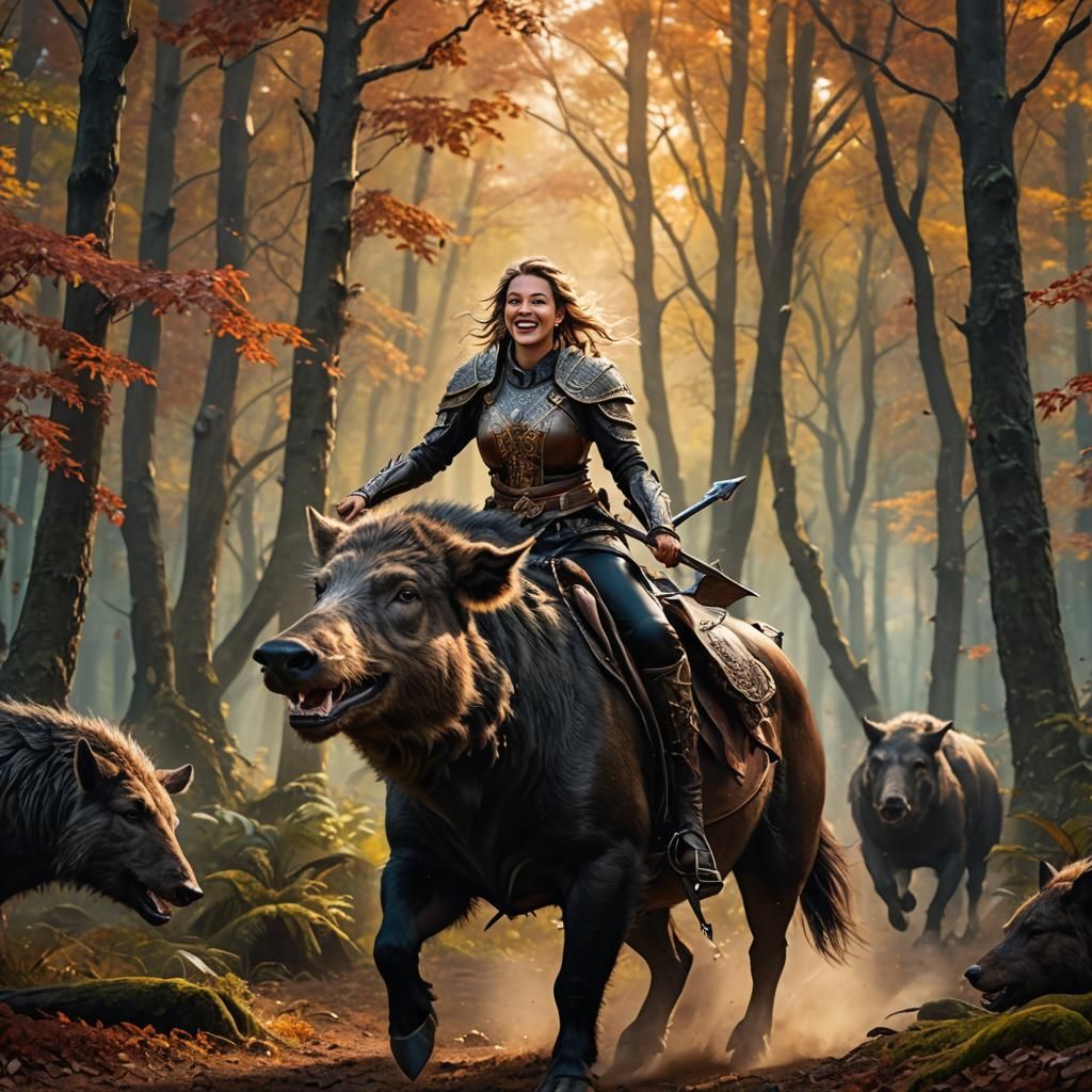 Laughing Warrior Woman Rides Wild Boar