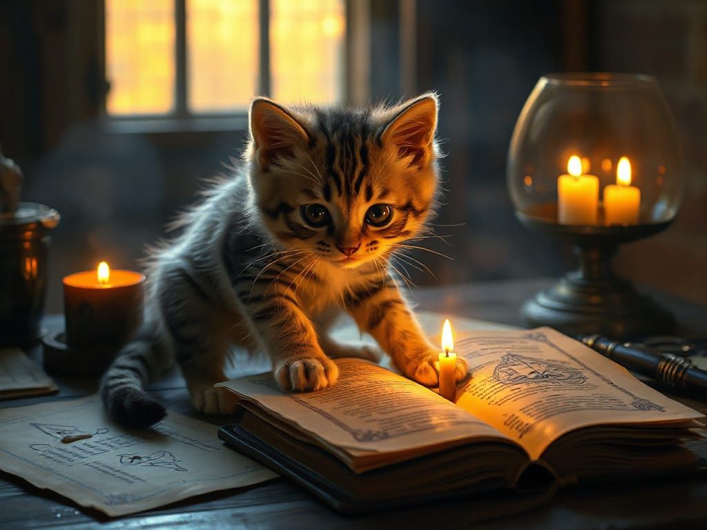 Whimsical Kitten Familiar in Warm Candlelight