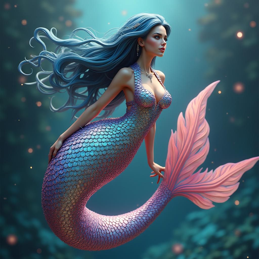 Iridescent Mermaid in Biomechanical Dreamscape