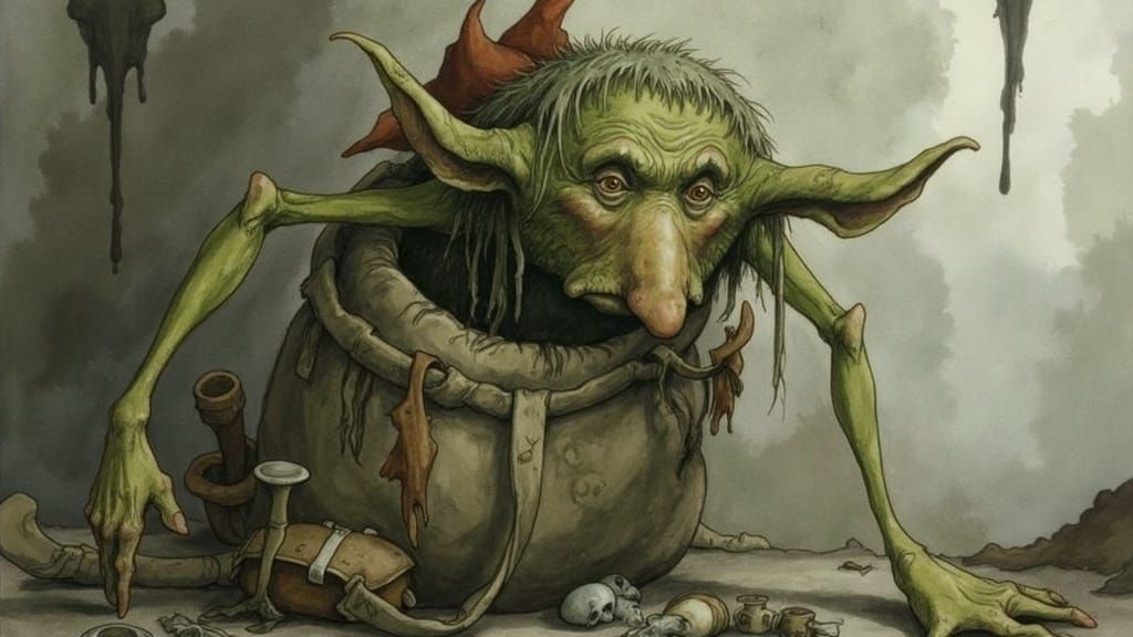 Elderly Goblin-Crone Carrying Sack near the Labyrinth