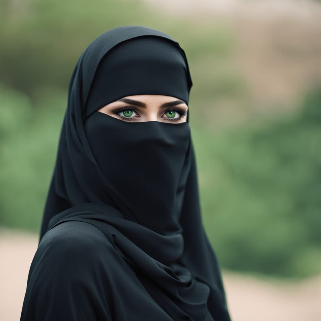 Mysterious Woman in Black Niqab with Vibrant Green Eyes