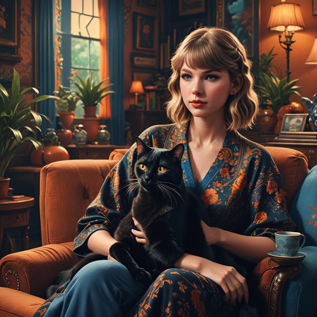 Cozy Living Room Scene with Cat, Fantasy Art