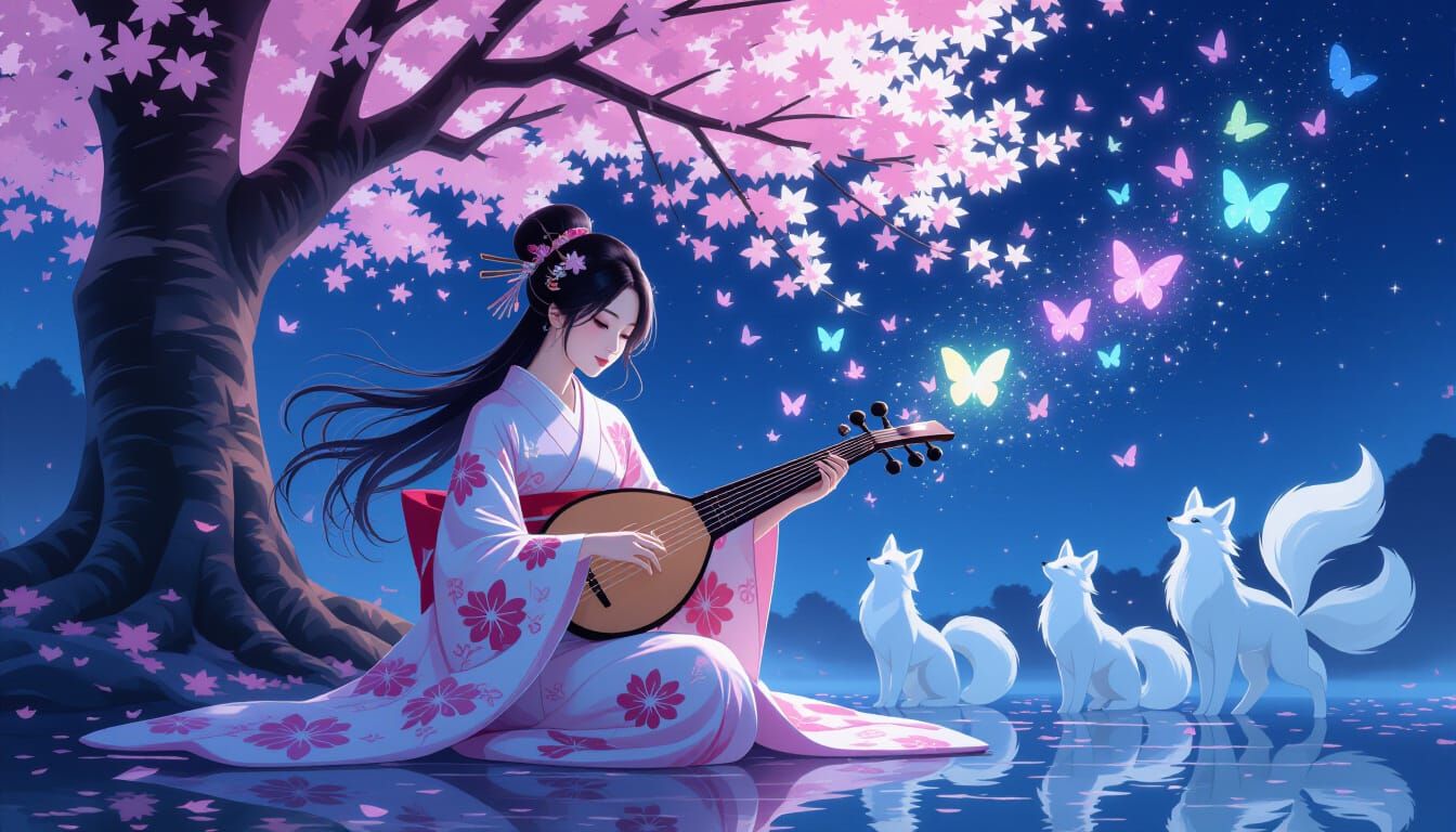 Japanese Woman Plays Koto Under Starlit Cherry Blossoms