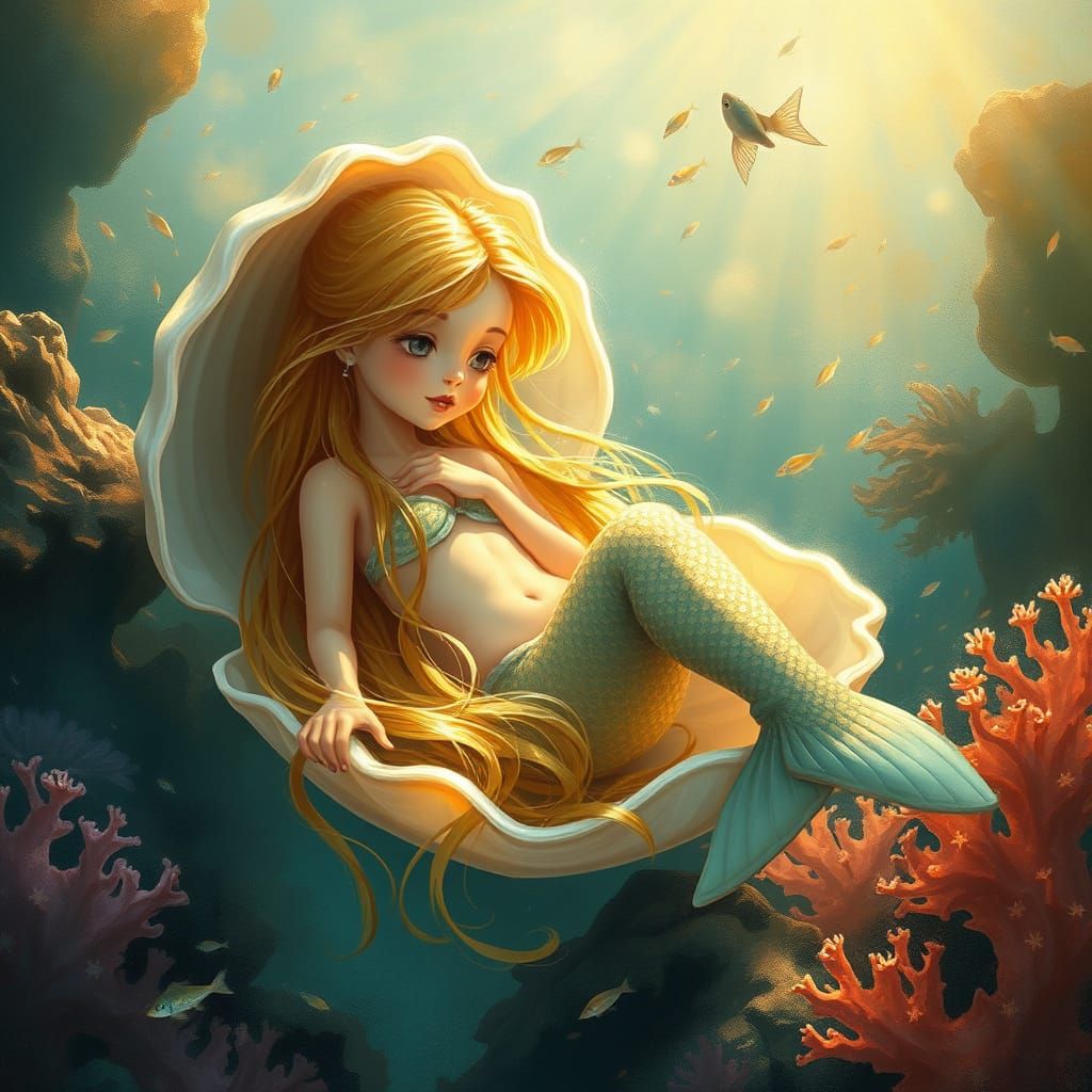 Serene Mermaid in Dreamy, Luminous Coral Reef