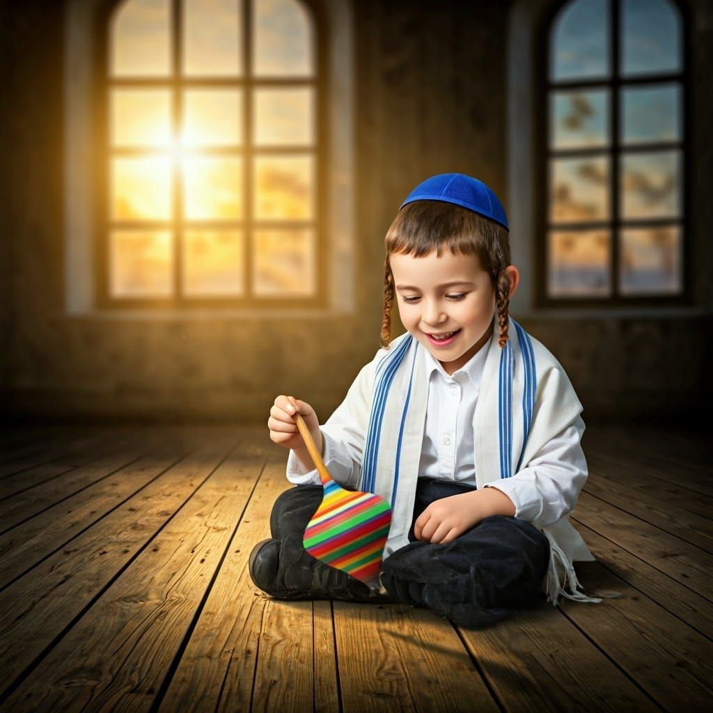 Joyful Jewish Boy Watches Vibrant Wooden Top Spin in Golden....