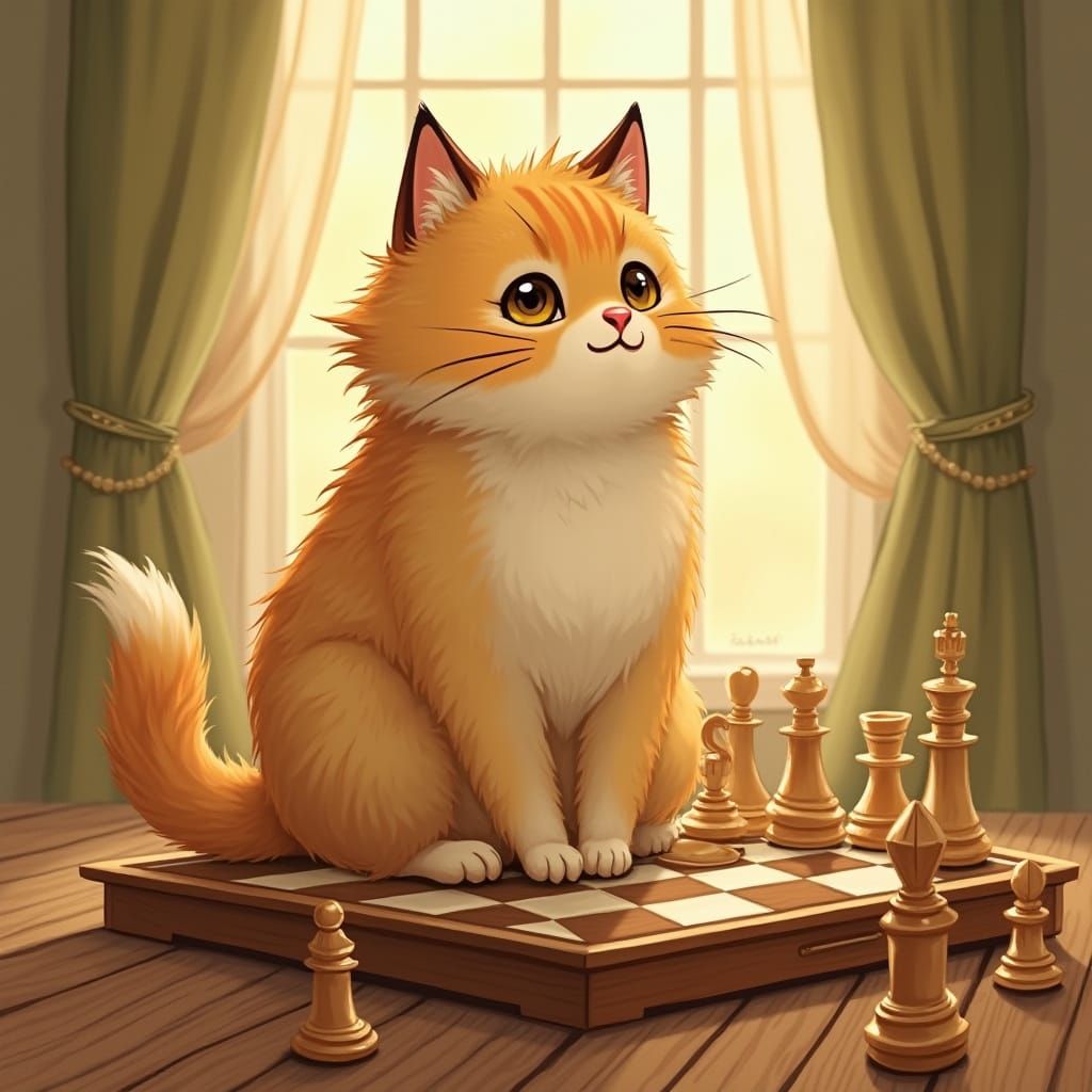 Whimsical Cat on a Chessboard