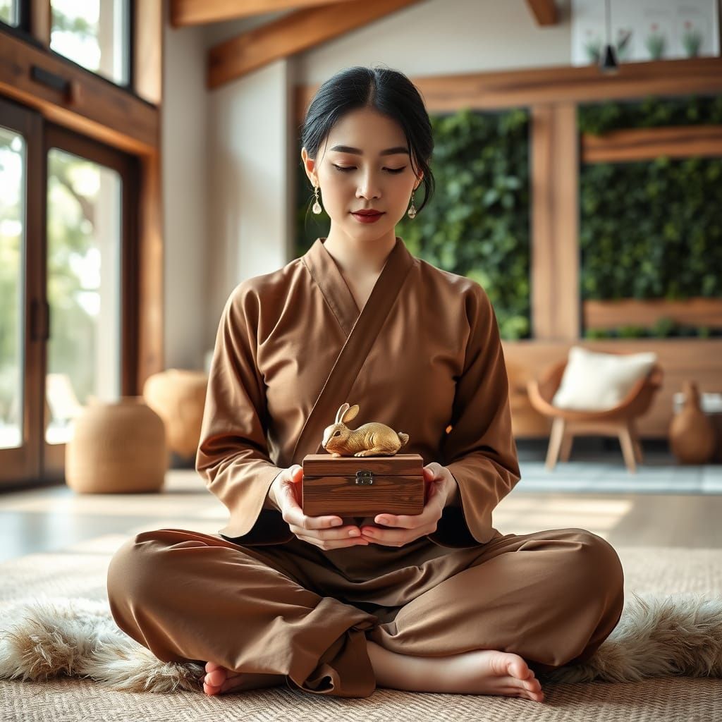 Elegant Korean Woman with Wooden Hare in Serene Scandinavian...