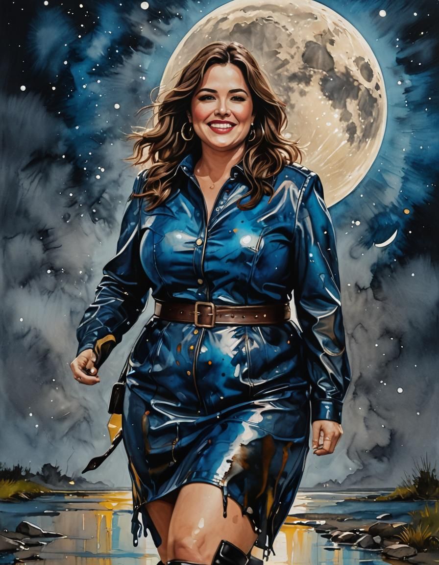 Woman in Blue Dress Walking Under Moonlight