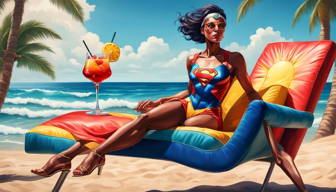 Hyperrealistic Superwoman Lounging on a Beach