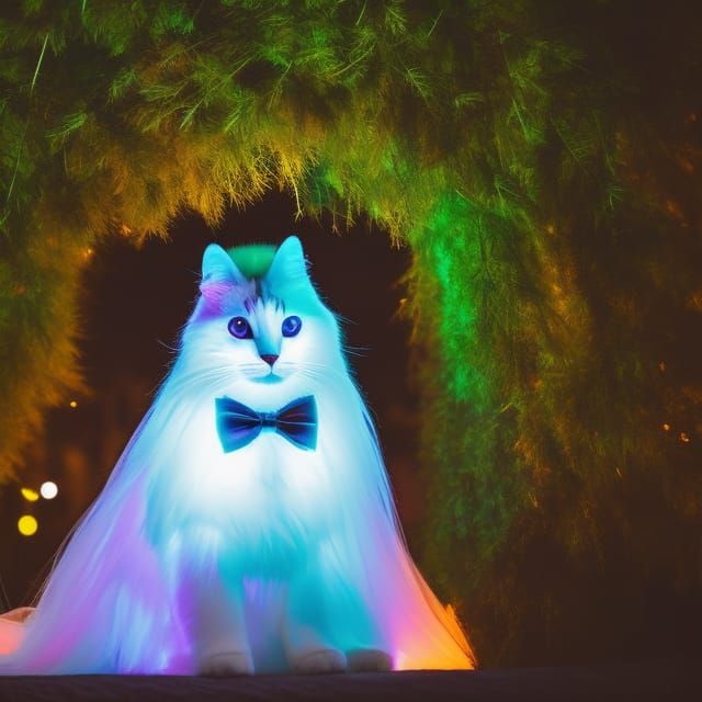 Bioluminescent Woman with Cat Ears in Cute Forest