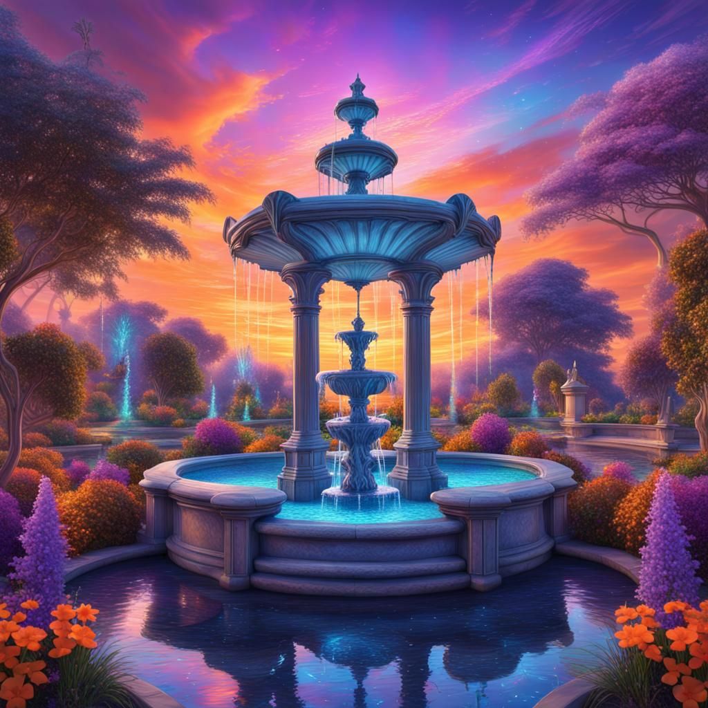 Fantasy Fountain in Astral Garden, Mixed Media