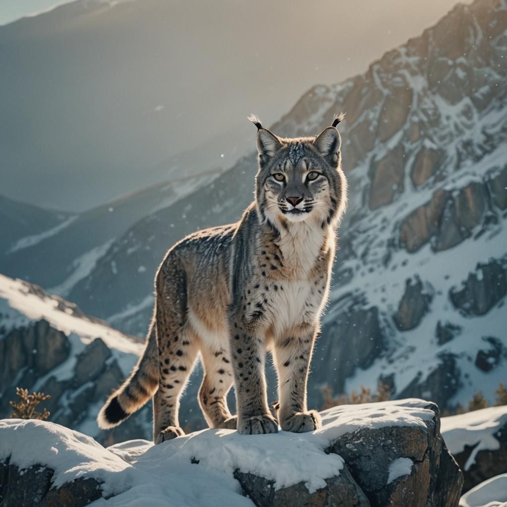 Snow Lynx Portrait in Snowy Mountain Landscape