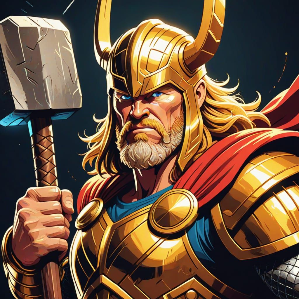 Cartoon Thor with Hammer in Golden Armor