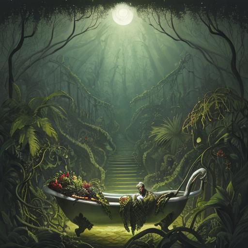 Serpent Consuming Egg in Surreal Rainforest