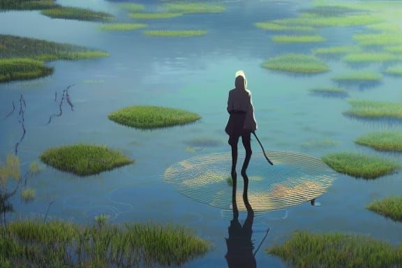 Woman Walks Into Pond at Sunrise: Watercolor Art