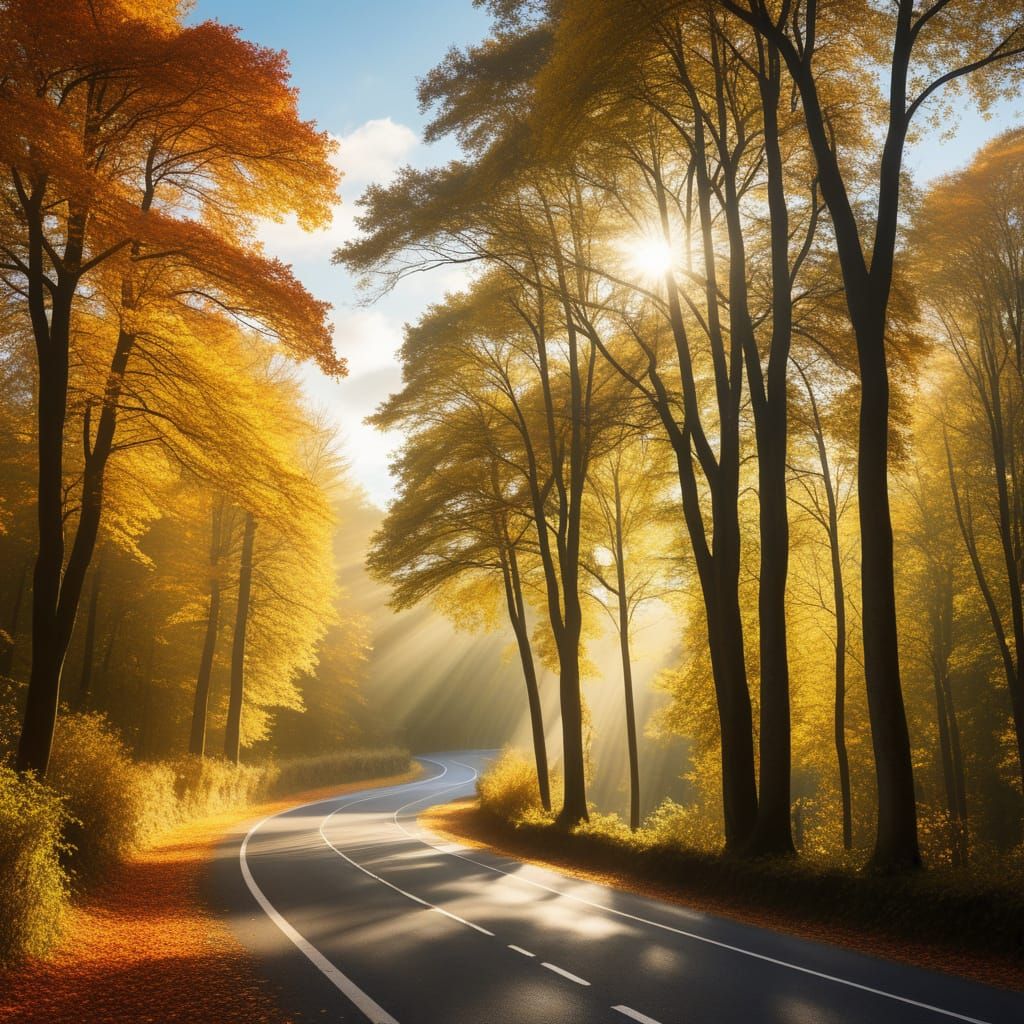 A winding road lined with trees during autumn 169
