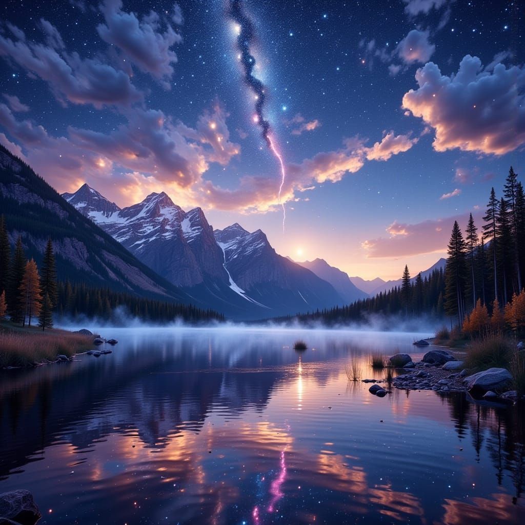 Majestic Mountain Range at Dusk with Serene Lake