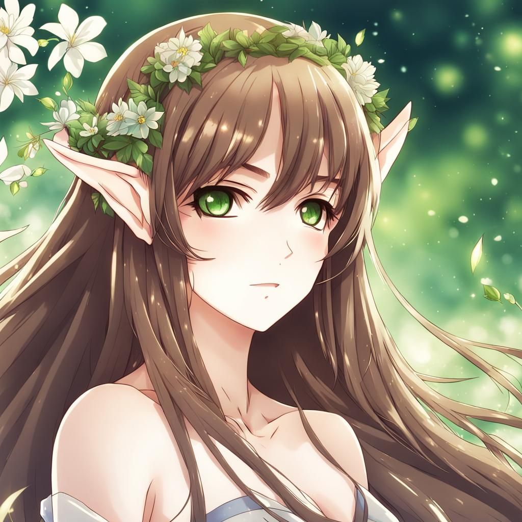 Anime Earth Elf Girl with Flowers