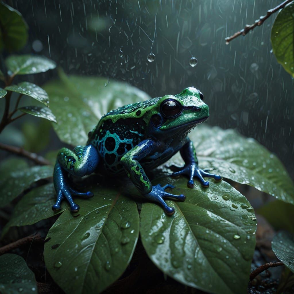 Surreal Poison Dart Frog Illuminated on a Rainy Tree Leaf