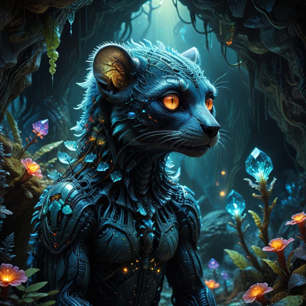 Bioluminescent Lemur Exploring Cave, Surreal Digital Art