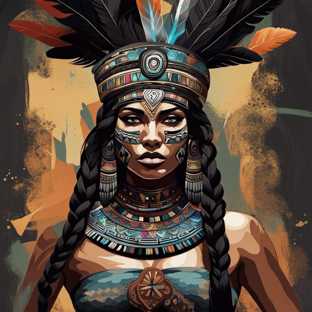 Fierce Aztec Woman in Abstract Art Style
