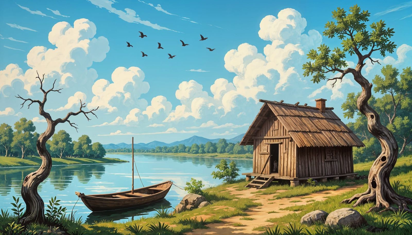 Riverside Shanty Hut Under a Blue Sky