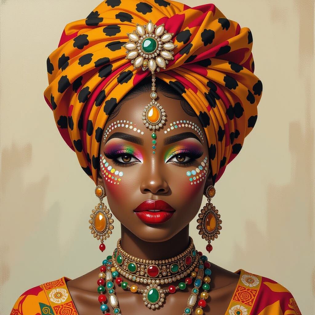 African Woman Portrait with Leopard Spot Motif