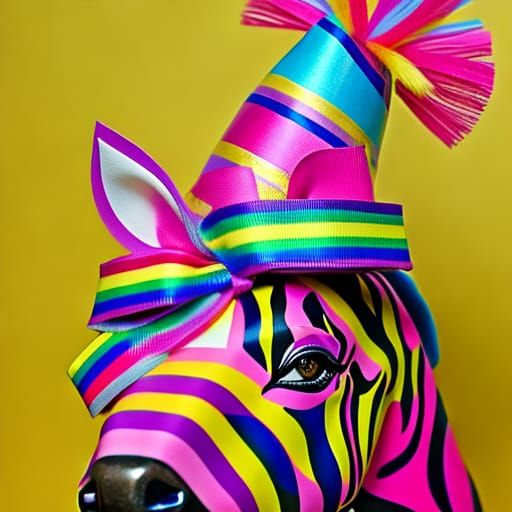 Pink Zebra Celebrates in Rainbow Hat