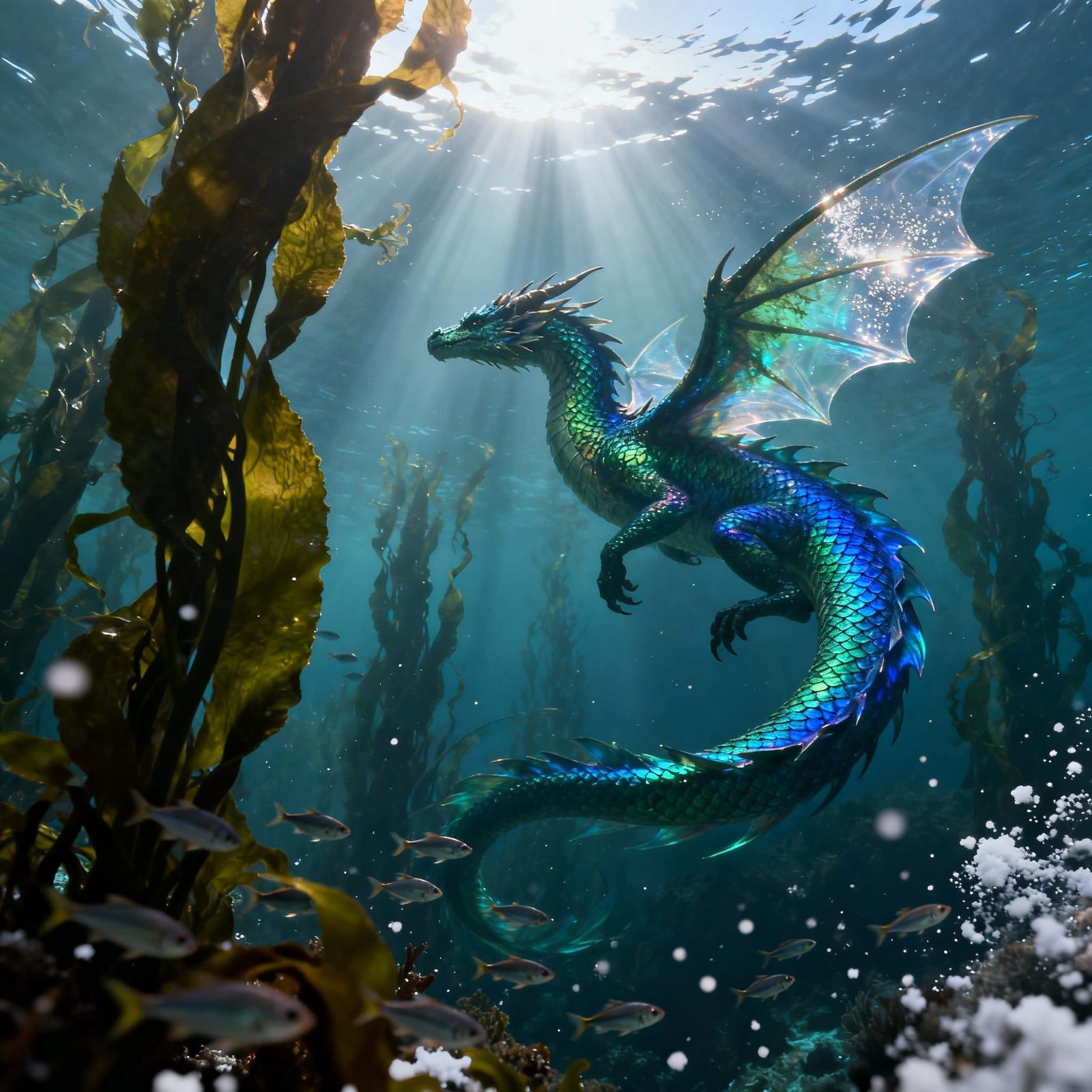 Iridescent Aquatic Dragon in Kelp Forest