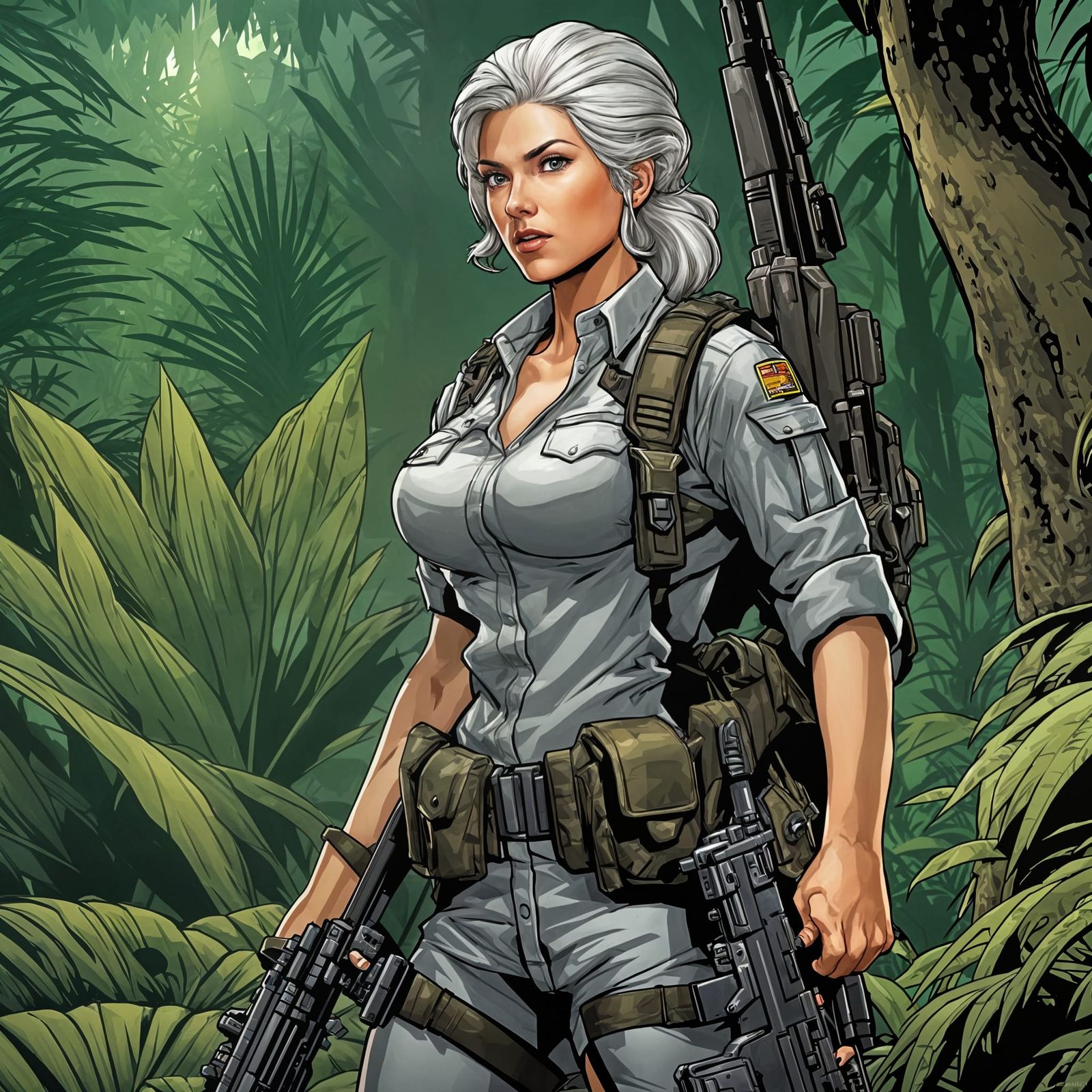 Sultry Female Soldier in Dark Jungle Battleground