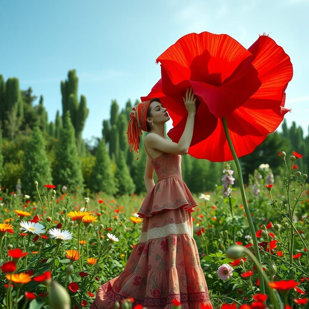 Woman with Poppy in Lush Garden, Editorial Fashion