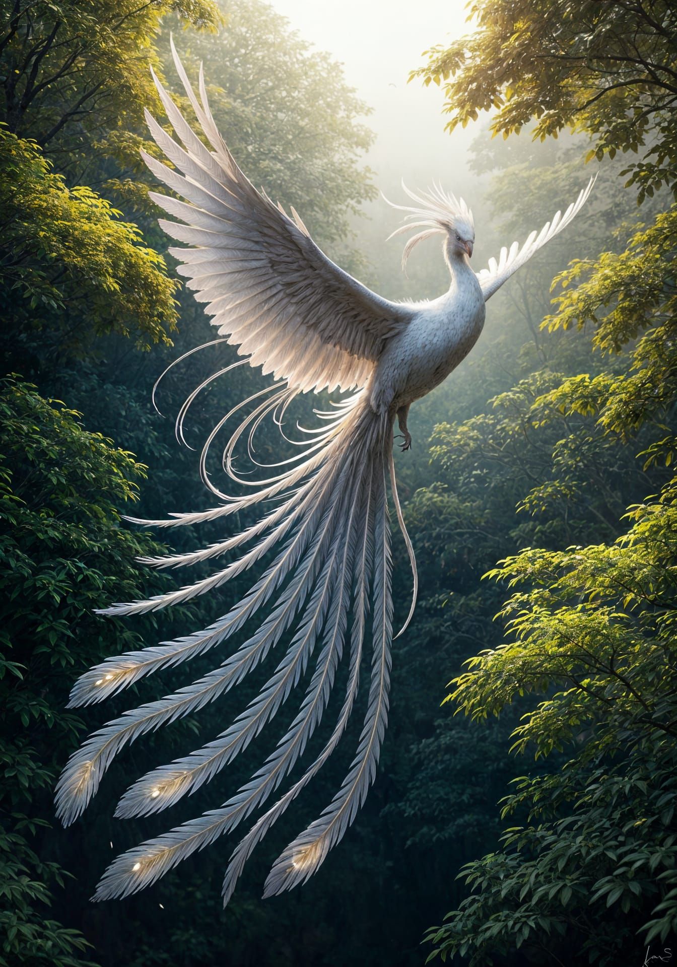 Luminous Platinum Phoenix in Blossom Forest