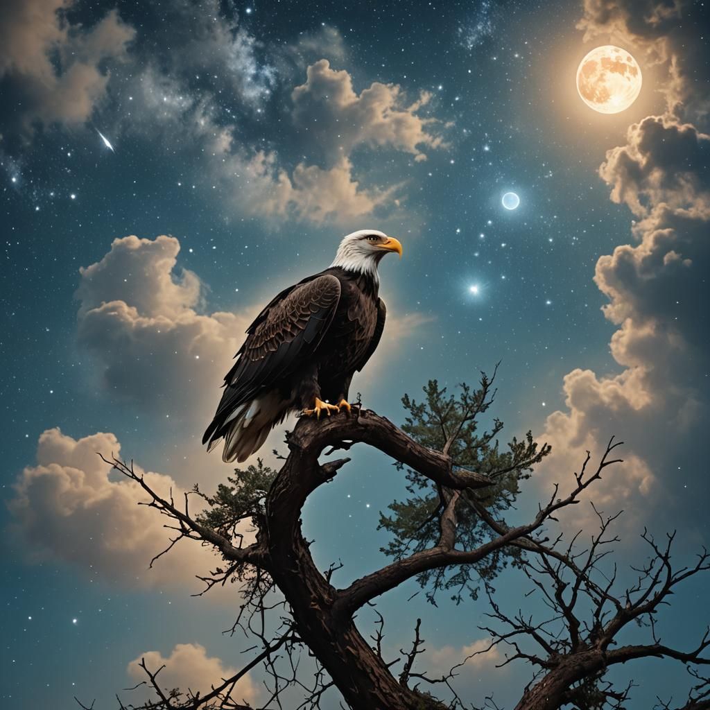 Bald Eagle Gazing at Blue Moon, Digital Painting