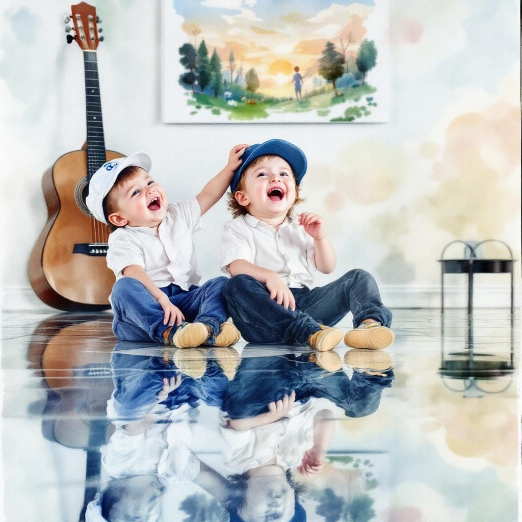 Lithuanian Children Laughing on Mirrored Floor, Watercolor S...