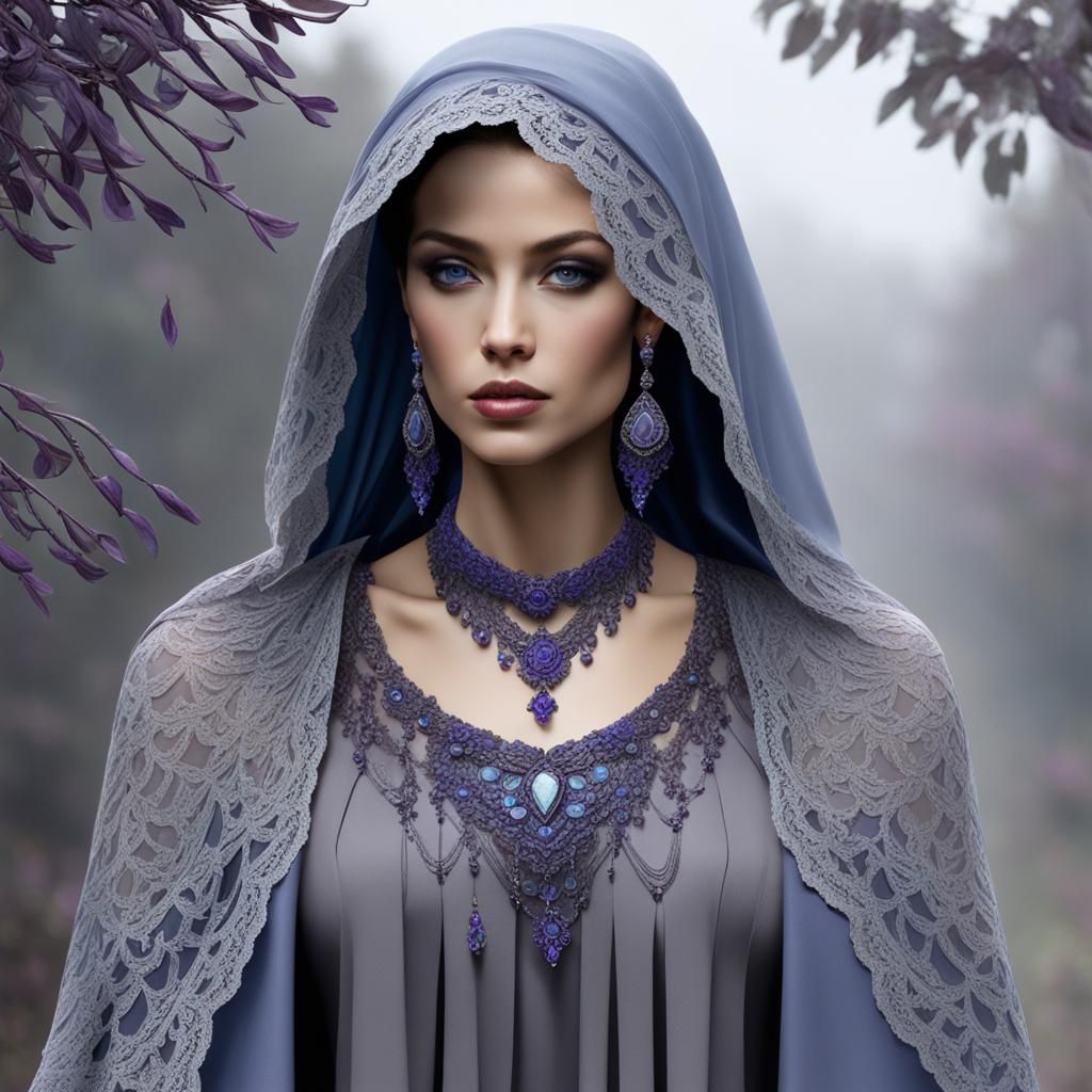 Asymmetrical Grayscale Design with Lace Cloak