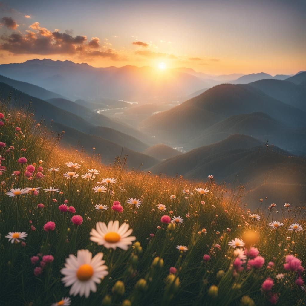 Mountain Sunrise with Flowers in Bloom