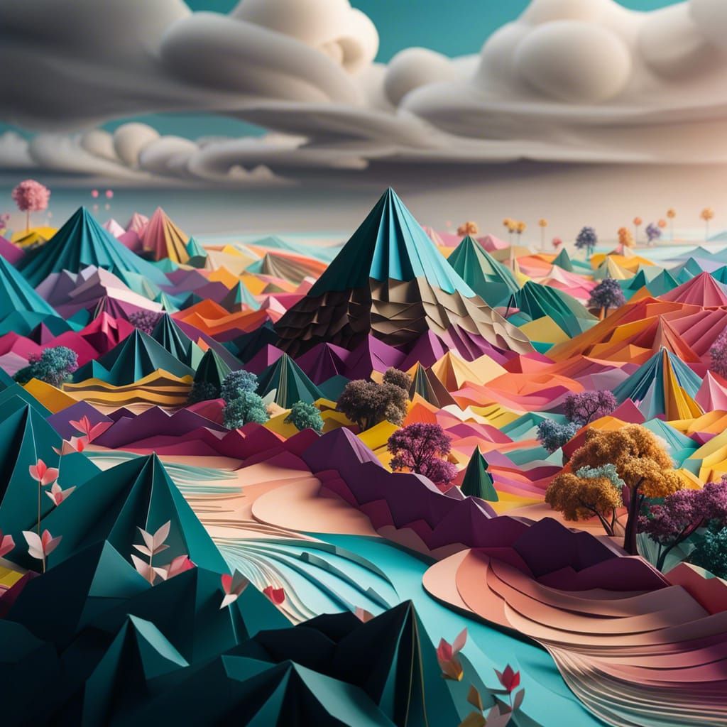 Vibrant Origami Landscape Panorama in Papercraft Style