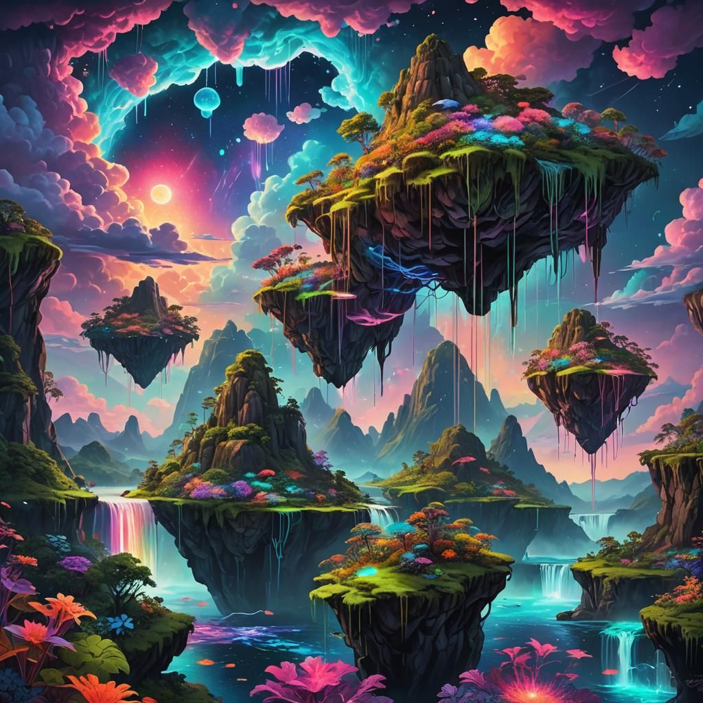 Bioluminescent Floating Islands: A Cosmic Dreamscape